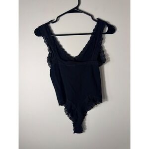 Out From Under Ribbed Lace Trim Bodysuit Black M L